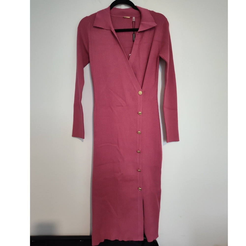 Elie Tahari Swan Song Pink Ribbed Knit Button Front Midi Dress New M ETR35150